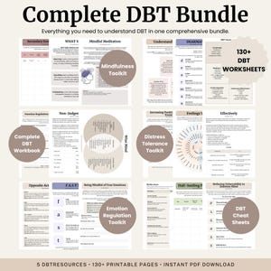 以下が含まれることがあります： Complete DBT Bundle、Mindfulness Toolkit、130+ DBT Worksheetsなどの見出しが付いたDBTワークシートとリソースのデジタルバンドル。各ページには、感情調整のための説明文、チャート、図が含まれています。