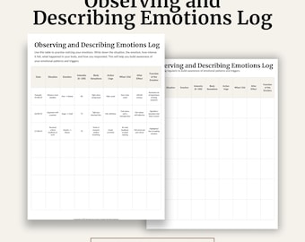 Observing and Describing Emotions Log | Emotion Tracking Worksheet | CBT & DBT Therapy Tool | Emotional Awareness PDF | Instant Download
