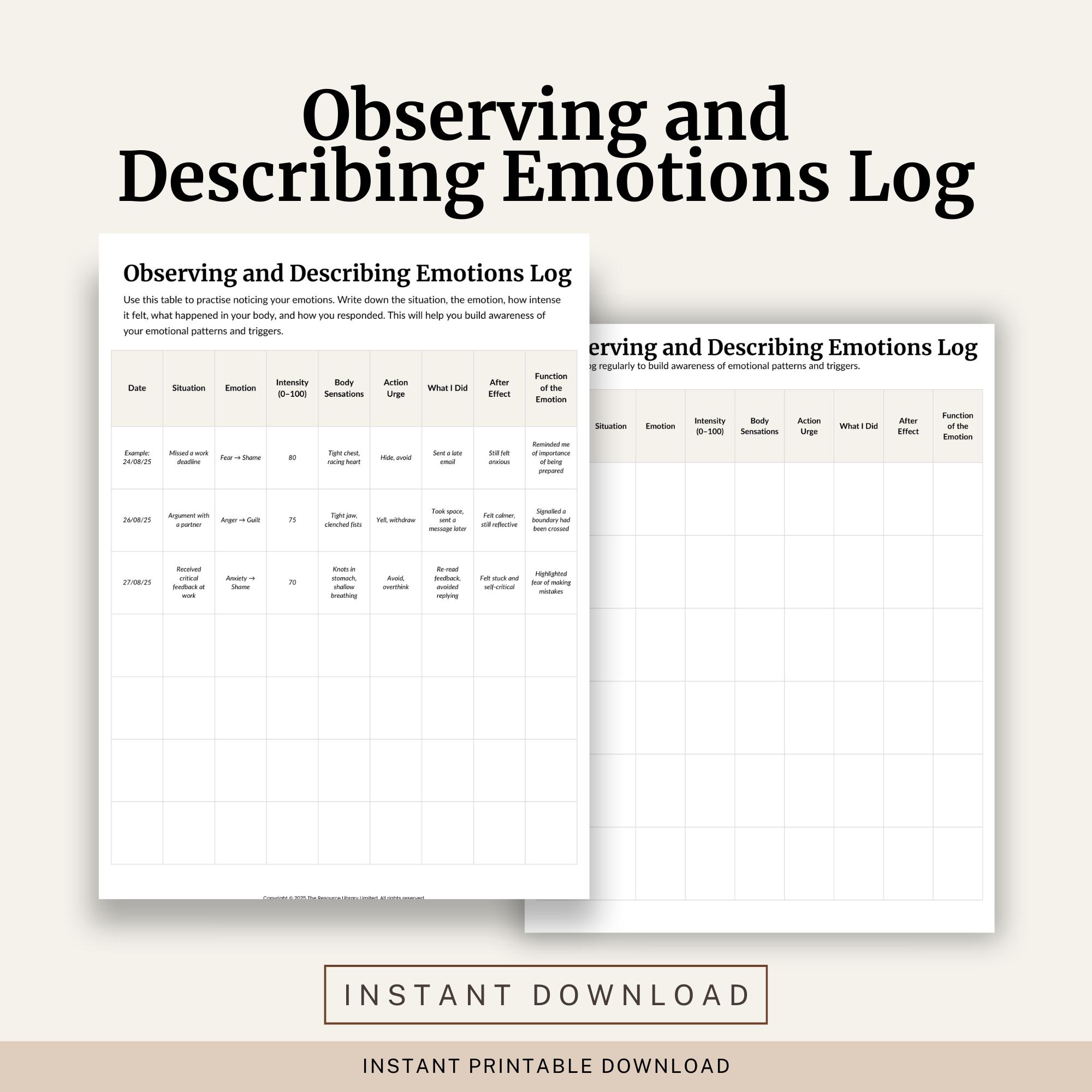 Observing and Describing Emotions Log | Emotion Tracking Worksheet ...