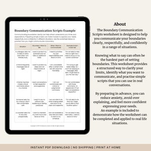 May include: A digital worksheet displayed on a tablet, titled "Boundary Communication Scripts Example." It offers examples of scripts for setting boundaries in different scenarios. The text includes "Instant PDF Download | Print at Home."