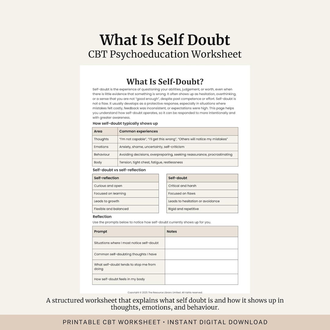 Self Doubt Worksheet.pdf Self-doubt CBT Worksheet | Psychoeducation & Reflection (printable PDF ...