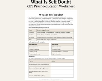 Self-Doubt CBT Worksheet | Psychoeducation & Reflection (Printable PDF)