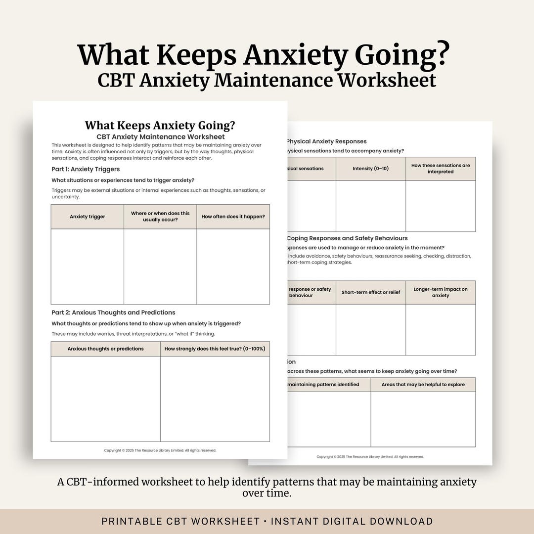 Anxiety Worksheet | CBT Therapy Tool, Anxiety Patterns (printable PDF ...