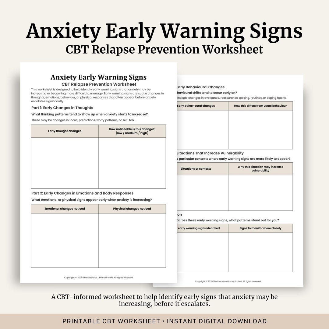 Relapse Warning Signs Worksheet.pdf Anxiety Early Warning Signs Worksheet | CBT Relapse Prevention ...