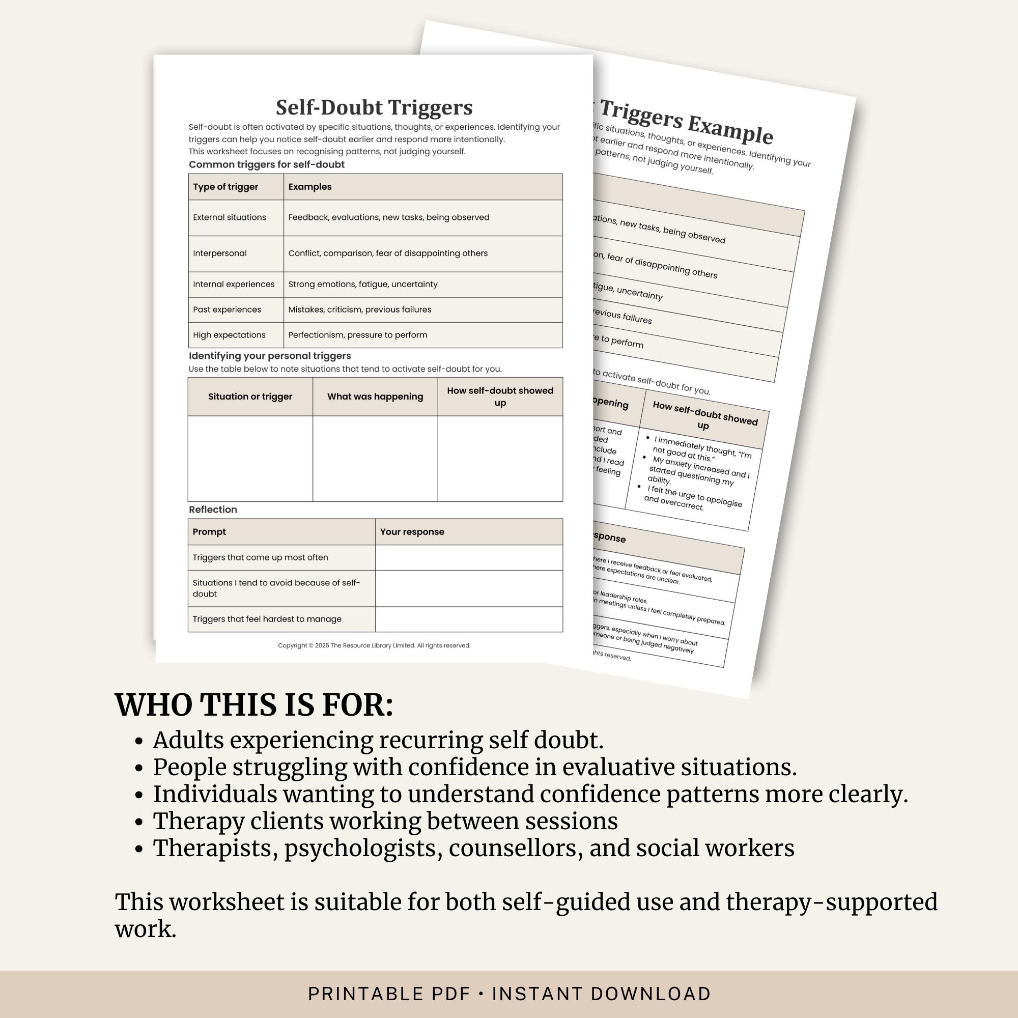 Self Doubt Worksheet.pdf Self Doubt Triggers Worksheet | CBT Confidence & Inner Critic Tool ...