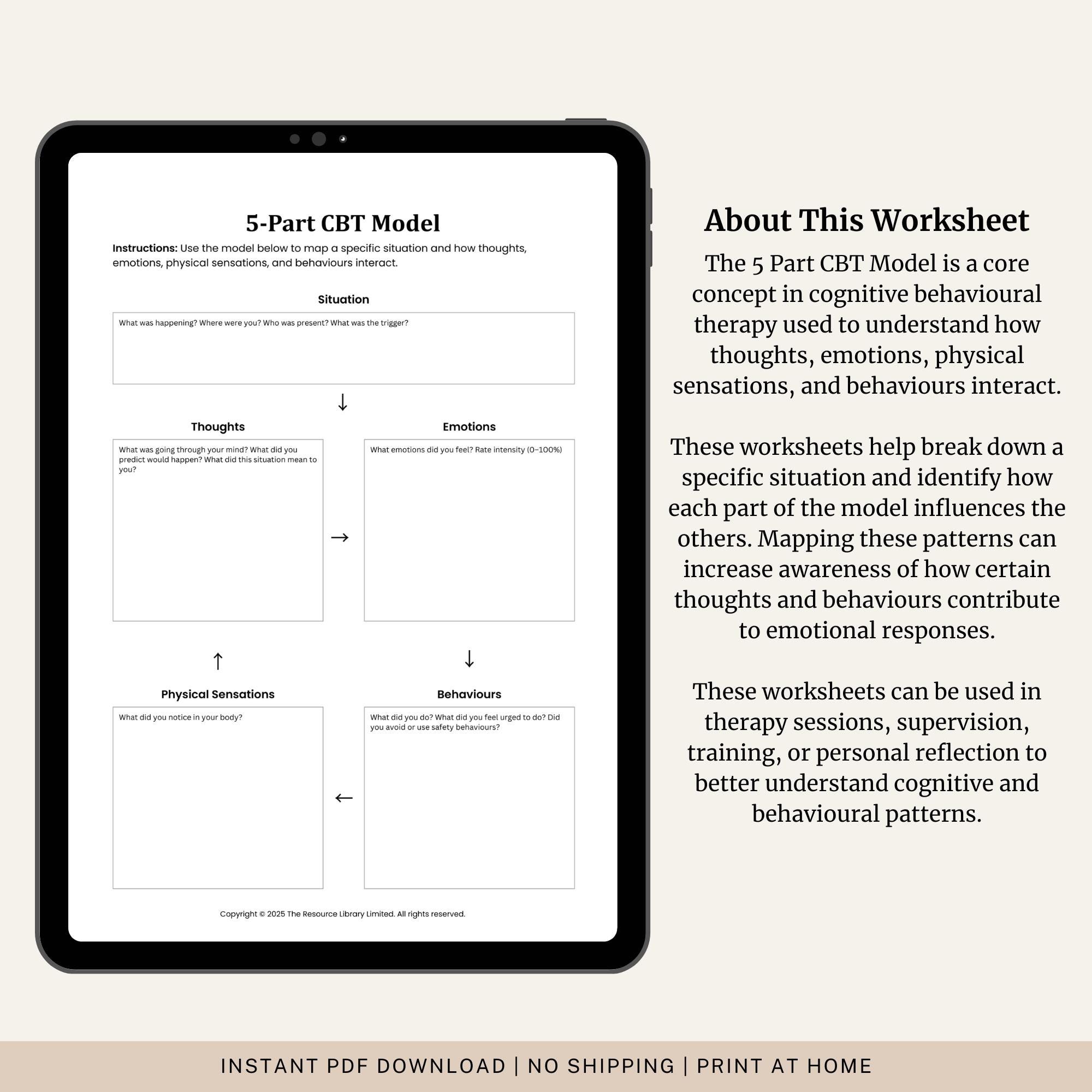 5 Part CBT Model Worksheet | Cognitive Behavioral Therapy Tool (digital ...