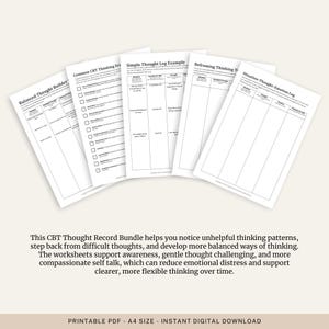 Puede incluir: Un conjunto de hojas de trabajo imprimibles blancas para la terapia cognitivo-conductual (TCC). Las hojas de trabajo incluyen t&iacute;tulos como "Balanced Thought Builder" y "Simple Thought Log Example". El texto dice "PDF IMPRIMIBLE - TAMA&Ntilde;O A4 - DESCARGA DIGITAL INSTANT&Aacute;NEA".