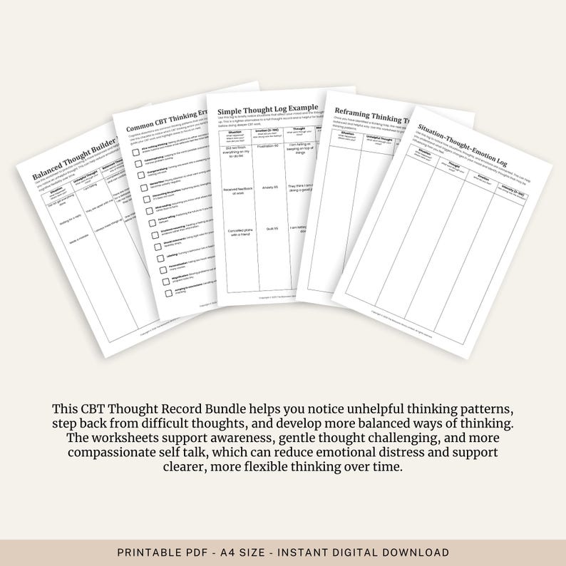 Puede incluir: Un conjunto de hojas de trabajo imprimibles blancas para la terapia cognitivo-conductual (TCC). Las hojas de trabajo incluyen t&iacute;tulos como "Balanced Thought Builder" y "Simple Thought Log Example". El texto dice "PDF IMPRIMIBLE - TAMA&Ntilde;O A4 - DESCARGA DIGITAL INSTANT&Aacute;NEA".