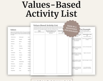 Values-Based Activity List | CBT Behavioural Activation Worksheet | Depression and Motivation Support | Printable Therapy Resource