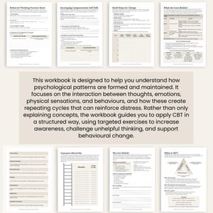 Peut inclure: Plusieurs feuilles de travail avec des titres tels que "Balanced Thinking Practice Sheet" et "What Are Core Beliefs". Le texte d&eacute;crit un cahier d'exercices pour comprendre les sch&eacute;mas psychologiques et appliquer la TCC.