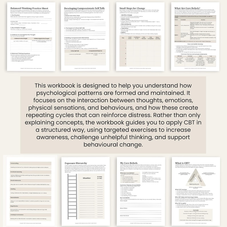 Peut inclure: Plusieurs feuilles de travail avec des titres tels que "Balanced Thinking Practice Sheet" et "What Are Core Beliefs". Le texte d&eacute;crit un cahier d'exercices pour comprendre les sch&eacute;mas psychologiques et appliquer la TCC.