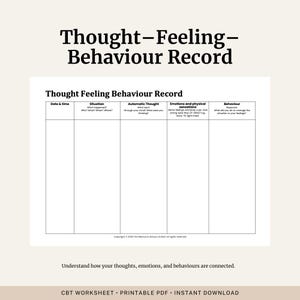 Op de afbeelding: Een wit werkblad getiteld "Thought-Feeling-Behaviour Record" met een raster voor het registreren van gedachten, gevoelens en gedragingen. De tekst "Begrijp hoe je gedachten, emoties en gedragingen met elkaar verbonden zijn" staat eronder.