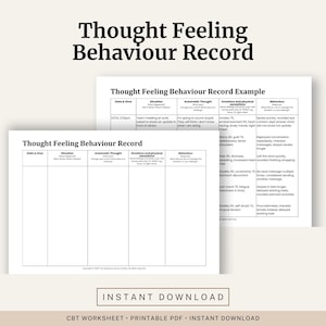 Peut inclure: Deux imprimables de feuilles de travail TCC blanches intitulées "Thought Feeling Behaviour Record" et "Thought Feeling Behaviour Record Example". Les feuilles de travail comportent des colonnes pour la date, la situation, la pensée automatique, les émotions et le comportement. Le bas de l'image indique "Téléchargement instantané".