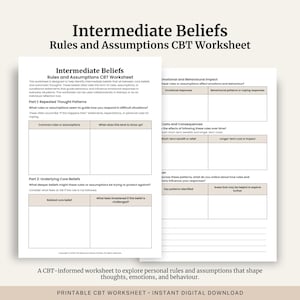 May include: A printable CBT worksheet titled "Intermediate Beliefs: Rules and Assumptions." The document is designed to explore personal rules and assumptions that shape thoughts, emotions, and behavior. It includes sections for identifying patterns and core beliefs.