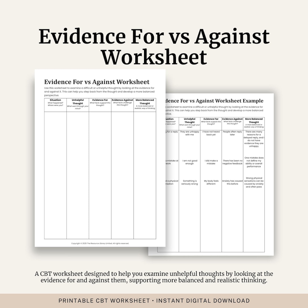 For Against Table Evidence for Vs Against Worksheet | CBT Thought Challenging Tool ...