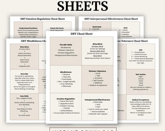 DBT Cheat Sheets | DBT Skills Worksheets | Mindfulness, Distress Tolerance, Emotion Regulation | Therapy Printable
