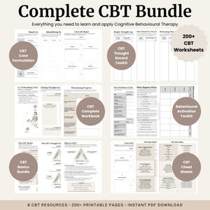 May include: A digital bundle of Cognitive Behavioural Therapy resources featuring 200+ printable worksheets. The collection includes a CBT case formulation, thought record toolkit, complete workbook, behavioural activation toolkit, basics bundle, and cheat sheets.