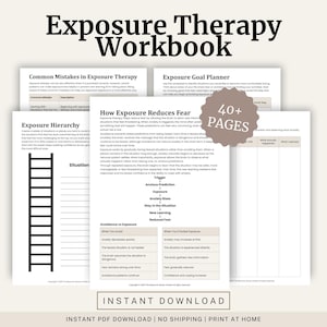Könnte beinhalten: Ein Arbeitsbuch mit dem Titel "Exposure Therapy Workbook" mit dem Text "Sofortiger Download". Die Seiten enthalten Informationen über häufige Fehler, Zielplanung und die Reduzierung von Angst. Eine Leitergrafik ist ebenfalls vorhanden. Das Arbeitsbuch hat über 40 Seiten.