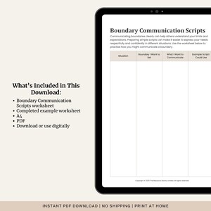 May include: A digital worksheet displayed on a tablet screen, titled "Boundary Communication Scripts." It aids in setting and communicating boundaries. The image also lists the download contents: scripts, worksheets, and PDF format, suitable for A4 printing.