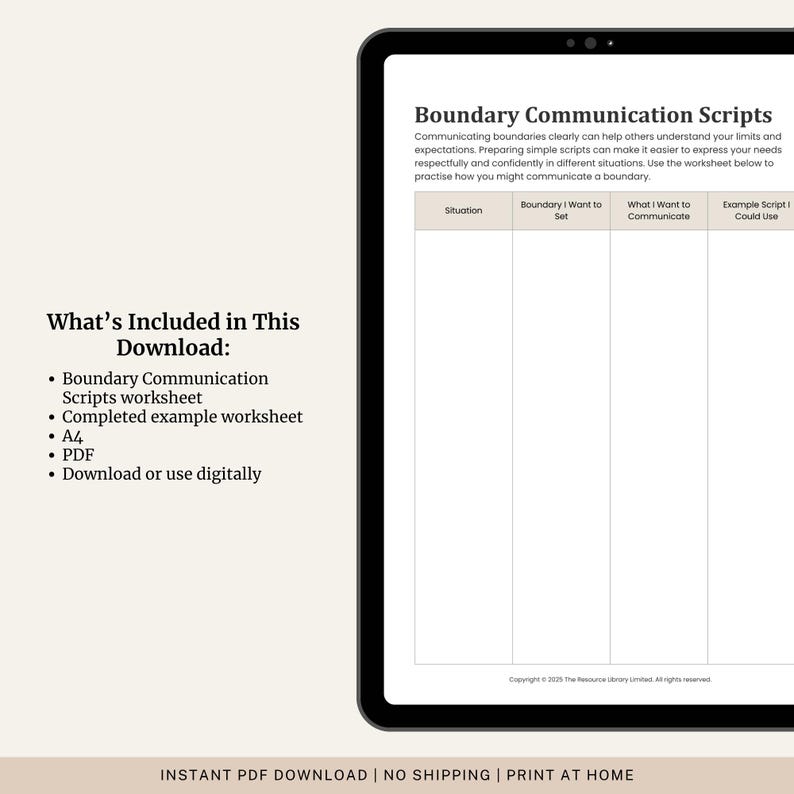 May include: A digital worksheet displayed on a tablet screen, titled "Boundary Communication Scripts." It aids in setting and communicating boundaries. The image also lists the download contents: scripts, worksheets, and PDF format, suitable for A4 printing.