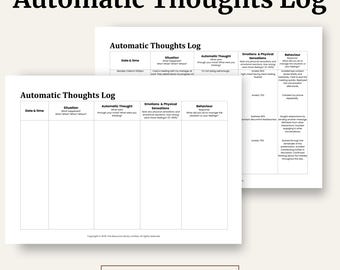 Automatic Thoughts Log | CBT Thought Record Worksheet | Track Thoughts Emotions Behaviour | Therapy PDF