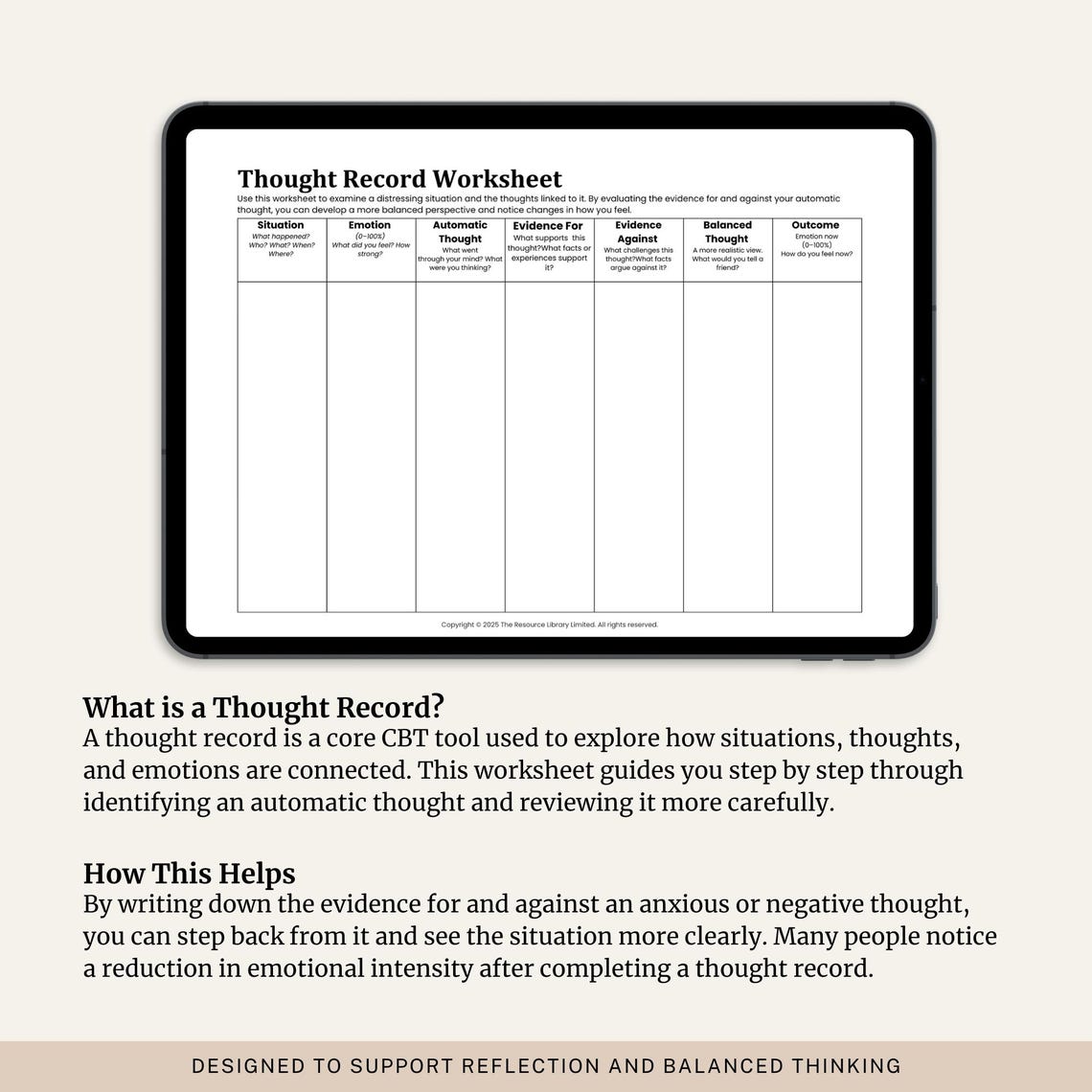 Thought Ruts Printable CBT Thought Record Worksheet | Anxiety and Overthinking Therapy Tool ...
