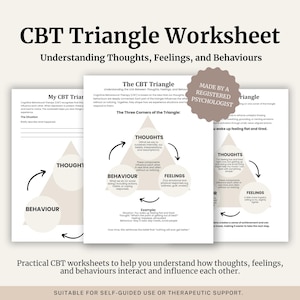 Op de afbeelding: CBT Triangle werkbladen die de link tussen gedachten, gevoelens en gedrag uitleggen. De titel luidt "CBT Triangle Worksheet" met de ondertitel "Understanding Thoughts, Feelings, and Behaviours". Bevat een zegel "Made by a Registered Psychologist".