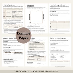 Peut inclure: Ensemble de feuilles de travail imprimables avec du texte et des diagrammes sur la sant&eacute; mentale et le bien-&ecirc;tre. Les pages traitent des croyances fondamentales, de la respiration carr&eacute;e, de la r&eacute;solution de probl&egrave;mes et de la restructuration cognitive. Le texte "Example Pages" est dans un cercle.
