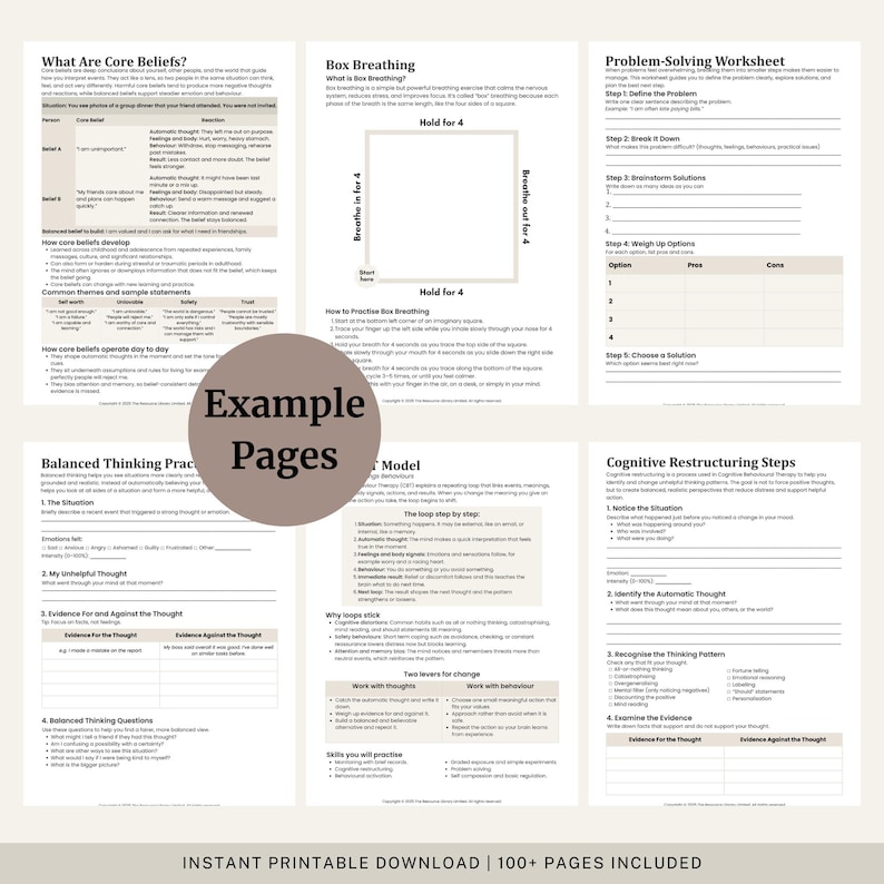 Peut inclure: Ensemble de feuilles de travail imprimables avec du texte et des diagrammes sur la sant&eacute; mentale et le bien-&ecirc;tre. Les pages traitent des croyances fondamentales, de la respiration carr&eacute;e, de la r&eacute;solution de probl&egrave;mes et de la restructuration cognitive. Le texte "Example Pages" est dans un cercle.