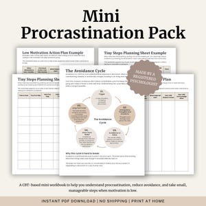 May include: A mini workbook pack with the title "Mini Procrastination Pack" in black text. The workbook includes examples, planning sheets, and a diagram of "The Avoidance Cycle." The text "Made by a Registered Psychologist" is also visible.