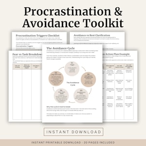 Könnte beinhalten: Ein weißes, druckbares Toolkit mit dem Titel "Procrastination & Avoidance Toolkit" in Schwarz. Das Toolkit enthält Checklisten, Diagramme und einen Aktionsplan. Die Worte "Sofort-Download" stehen unten.