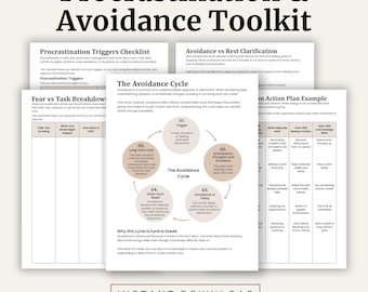 Procrastination and Avoidance Toolkit | Worksheets for Motivation and Anxiety | Self Help Printable PDF