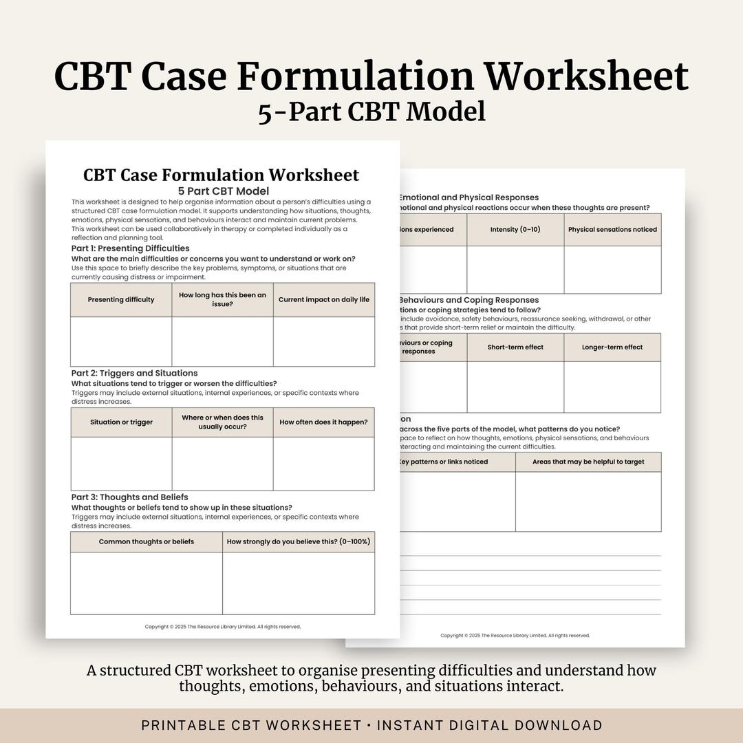 CBT Case Formulation Worksheet | 5-part Model, Therapy Tool (printable ...