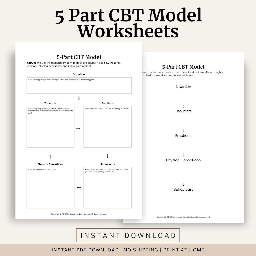 5 Part CBT Model Worksheet | Cognitive Behavioral Therapy Tool (digital ...
