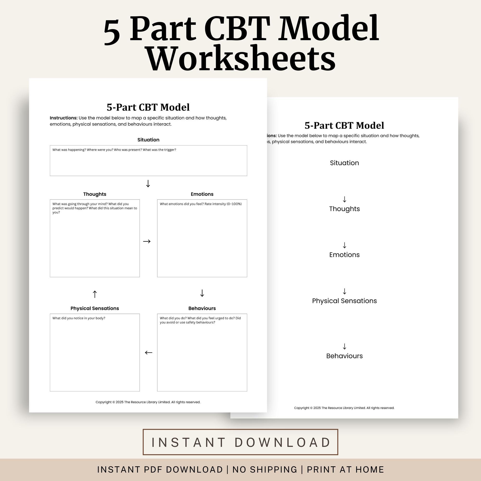 5 Part CBT Model Worksheet | Cognitive Behavioral Therapy Tool (digital ...