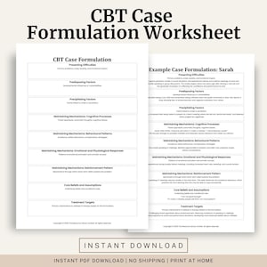 Könnte beinhalten: Ein weißes CBT-Fallformulierungs-Arbeitsblatt mit dem Titel oben. Das Arbeitsblatt enthält Abschnitte für die Darstellung von Schwierigkeiten, prädisponierende Faktoren und Aufrechterhaltungsmechanismen. Der untere Teil des Bildes lautet "Sofortiger Download".