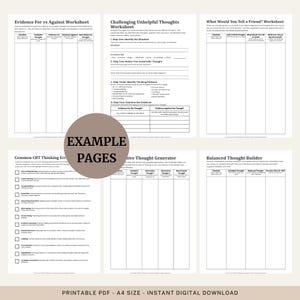 Puede incluir: Una colecci&oacute;n de hojas de trabajo imprimibles para terapia cognitivo-conductual. Las hojas de trabajo incluyen t&iacute;tulos como "Evidence For vs Against Worksheet" y "Challenging Unhelpful Thoughts Worksheet". El texto "EXAMPLE PAGES" est&aacute; en un c&iacute;rculo marr&oacute;n. La parte inferior de la imagen dice "PRINTABLE PDF - A4 SIZE - INSTANT DIGITAL DOWNLOAD".