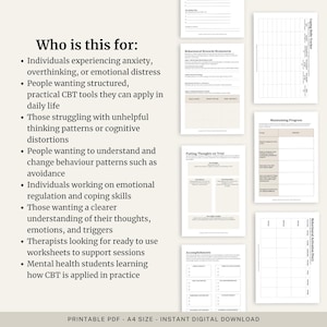 Peut inclure: Ensemble de feuilles de calcul PDF imprimables au format A4 pour la th&eacute;rapie cognitivo-comportementale (TCC). L'image pr&eacute;sente un suivi des comp&eacute;tences d'adaptation, une liste de r&eacute;compenses comportementales et un journal d'activation comportementale. Le texte indique "Pour qui est-ce ?".