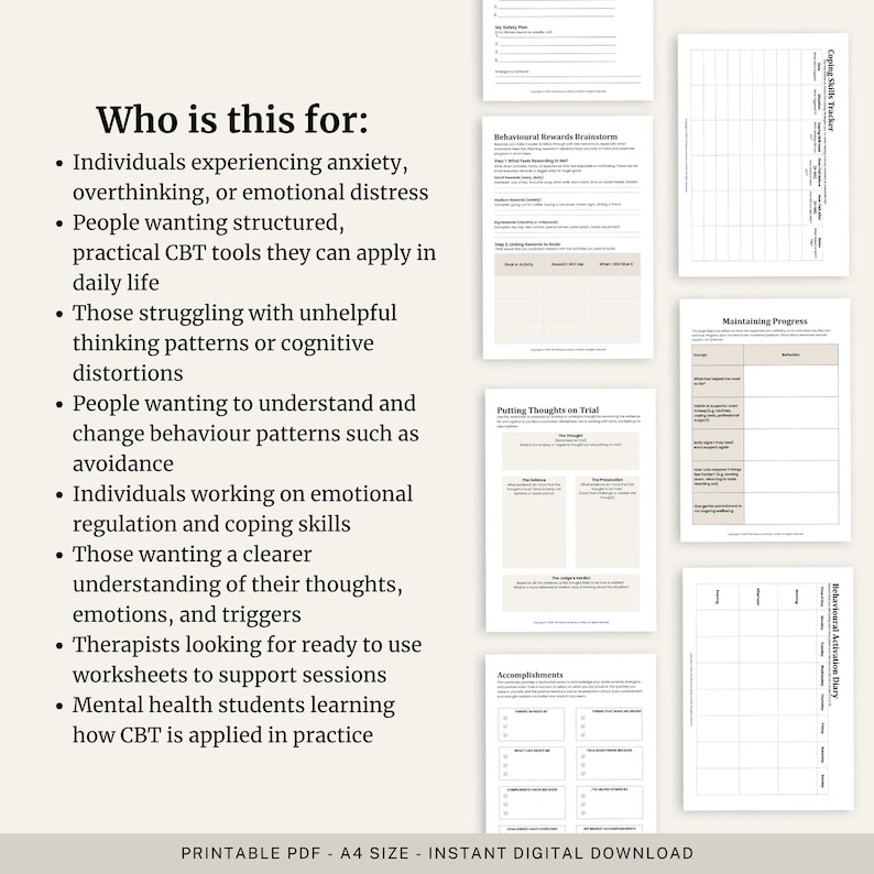 Peut inclure: Ensemble de feuilles de calcul PDF imprimables au format A4 pour la th&eacute;rapie cognitivo-comportementale (TCC). L'image pr&eacute;sente un suivi des comp&eacute;tences d'adaptation, une liste de r&eacute;compenses comportementales et un journal d'activation comportementale. Le texte indique "Pour qui est-ce ?".