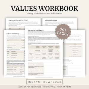 Puede incluir: Un cuaderno de trabajo titulado "VALUES WORKBOOK" con el subtítulo "Aclarar lo que importa y actuar". La imagen muestra varias páginas con texto y diagramas. Las palabras "70+ PAGES" están en un diseño circular. La parte inferior de la imagen dice "DESCARGA INSTANTÁNEA".