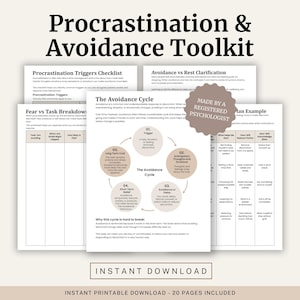 May include: A white and beige printable toolkit titled "Procrastination & Avoidance Toolkit." The toolkit includes checklists, diagrams, and worksheets. Text includes "Instant Download" and "Made by a Registered Psychologist."