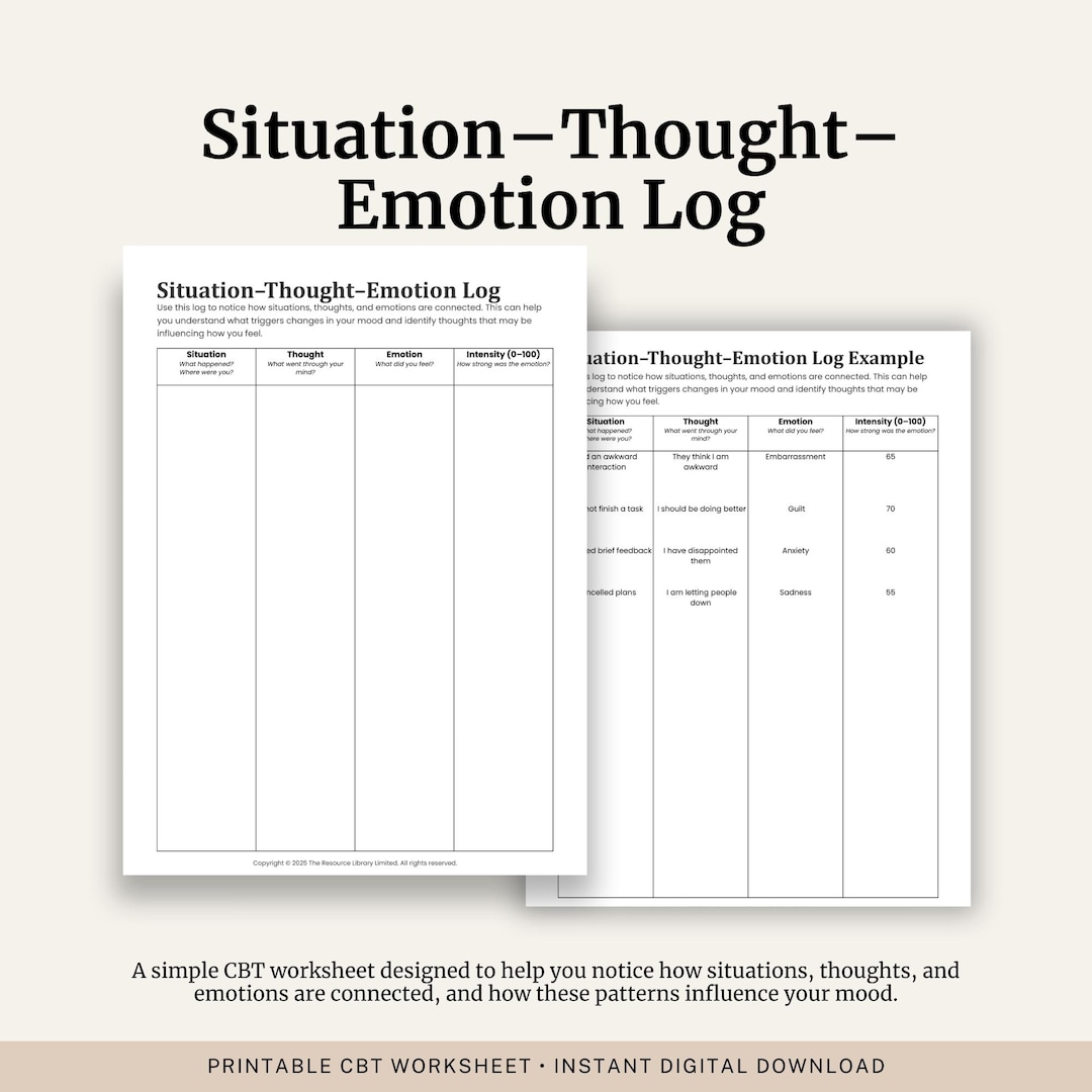Situation–thought–emotion Log Worksheet | CBT Emotion Awareness Tool ...