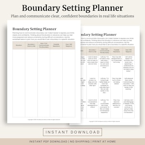 May include: A printable Boundary Setting Planner with a white background. The planner includes sections for setting boundaries, communicating them, and anticipating reactions. The text "Instant Download" is at the bottom.