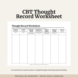 Könnte beinhalten: Ein weißes CBT Thought Record Worksheet mit einem strukturierten Layout zur Untersuchung von Gedanken. Das Arbeitsblatt enthält Abschnitte für Situation, Emotion, automatischer Gedanke, Beweise für und wider, ausgewogener Gedanke und Ergebnis. Text unten: PRINTABLE CBT WORKSHEET • INSTANT DIGITAL DOWNLOAD.
