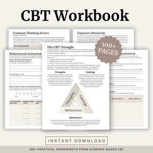 Peut inclure: Un cahier de th&eacute;rapie cognitivo-comportementale (TCC) avec plusieurs pages, pr&eacute;sentant des sections sur les distorsions cognitives, l'activation comportementale et le triangle TCC. Le titre "CBT Workbook" est affich&eacute;. Le cahier contient plus de 100 pages.