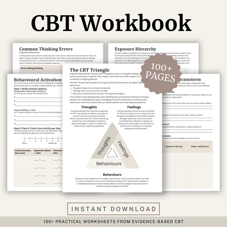 Peut inclure: Un cahier de th&eacute;rapie cognitivo-comportementale (TCC) avec plusieurs pages, pr&eacute;sentant des sections sur les distorsions cognitives, l'activation comportementale et le triangle TCC. Le titre "CBT Workbook" est affich&eacute;. Le cahier contient plus de 100 pages.