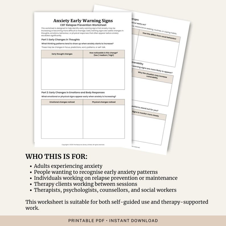 Relaps Text Anxiety Early Warning Signs Worksheet | CBT Relapse Prevention ...