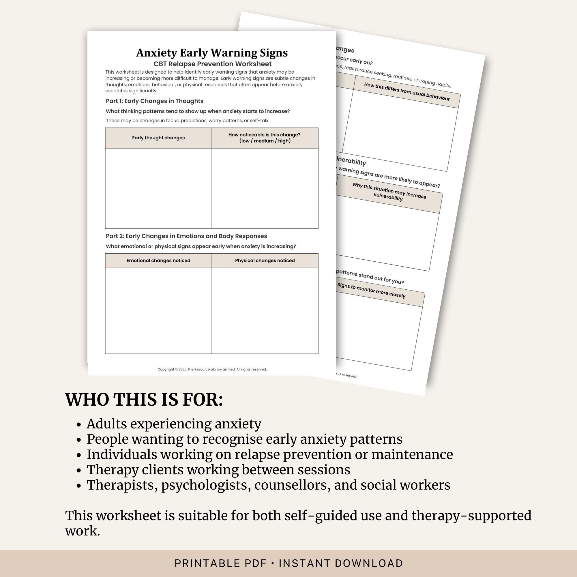 Relapse Warning Signs Worksheet.pdf Anxiety Early Warning Signs Worksheet | CBT Relapse Prevention ...