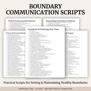 May include: A collection of white printable PDF documents titled Boundary Communication Scripts, featuring lists of phrases for setting professional, personal, and family boundaries, including sections on saying no and responding to pushback.