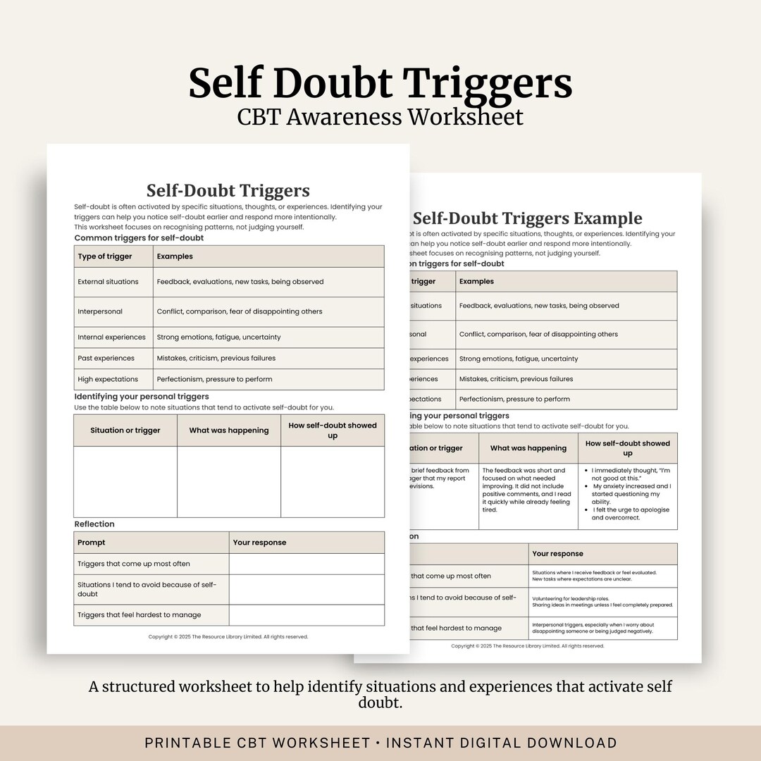 Self Doubt Worksheet.pdf Self Doubt Triggers Worksheet | CBT Therapy Tool (printable PDF) - Etsy